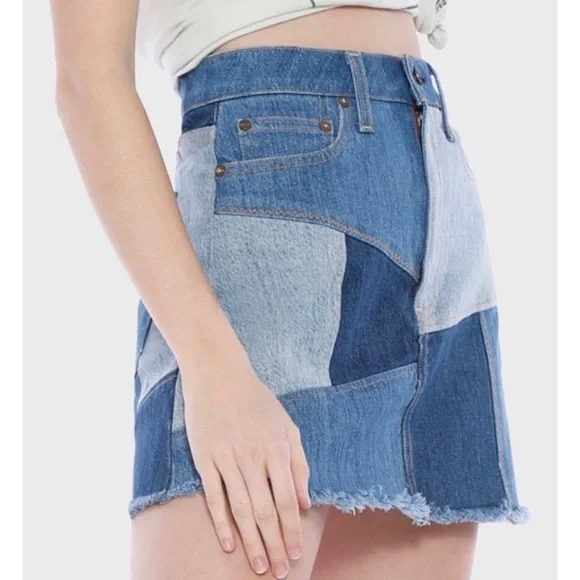 ALICE + OLIVIA • AO LA Blue Denim Patchwork A-Line Mini Skirt, XS - Picture 2 of 16